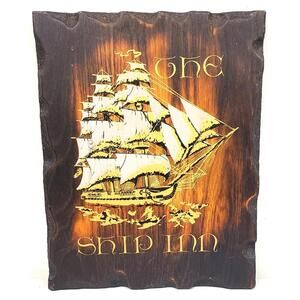 Vintage Fantasy Copperware Burnt Edge "The Ship Inn" Wall Plaque 12x9.5" VG